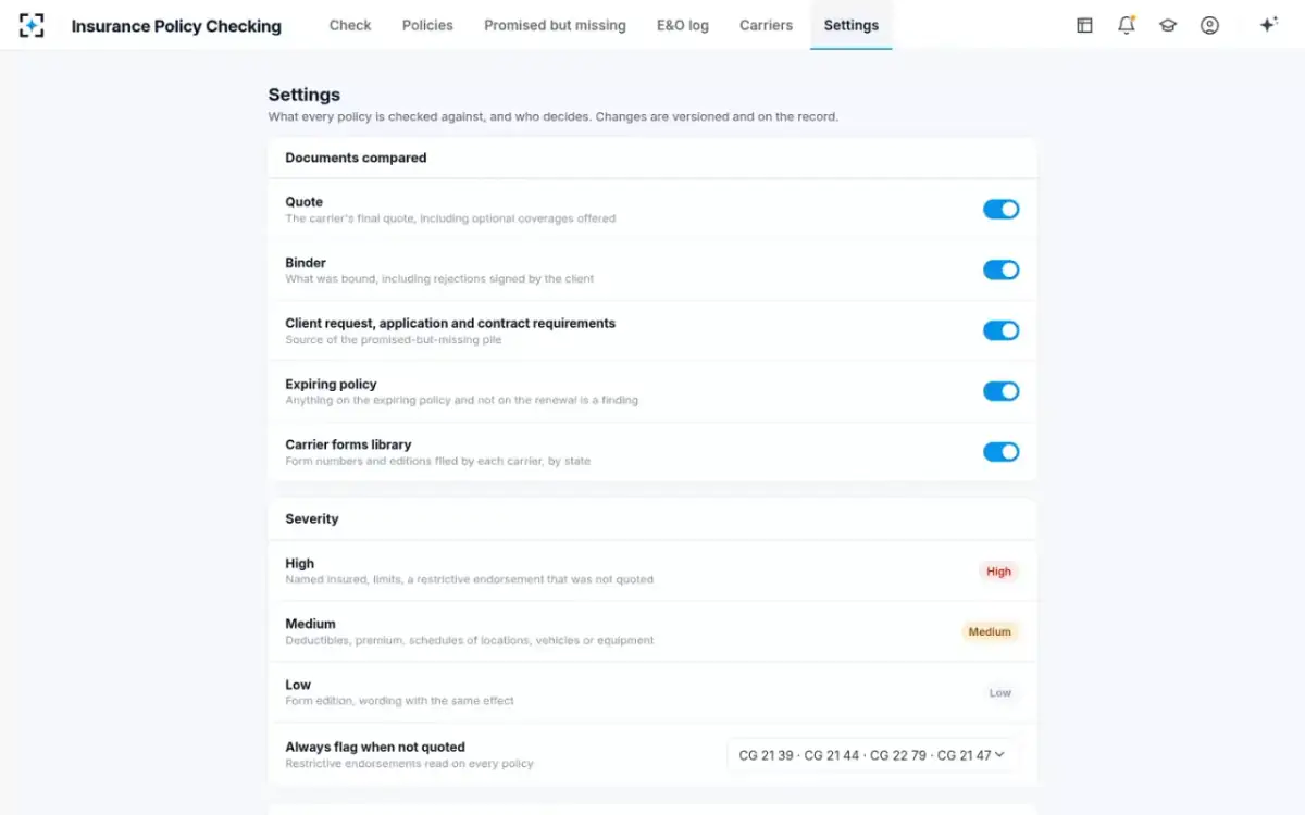 Insurance Policy Checking — Your checking rules