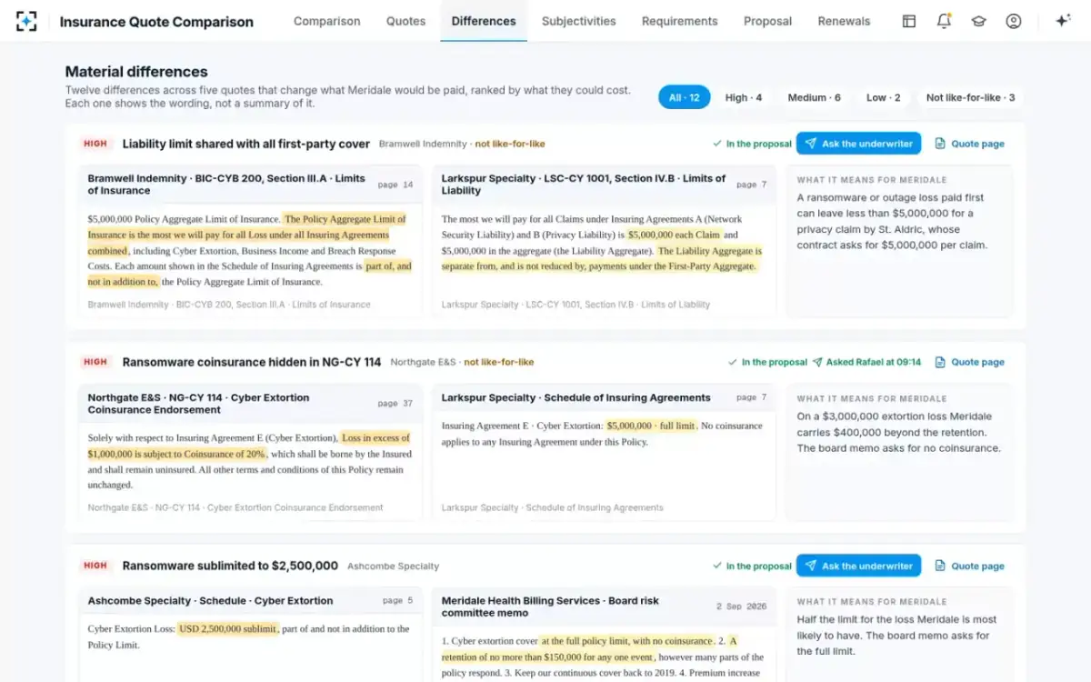 Insurance Quote Comparison — Material differences