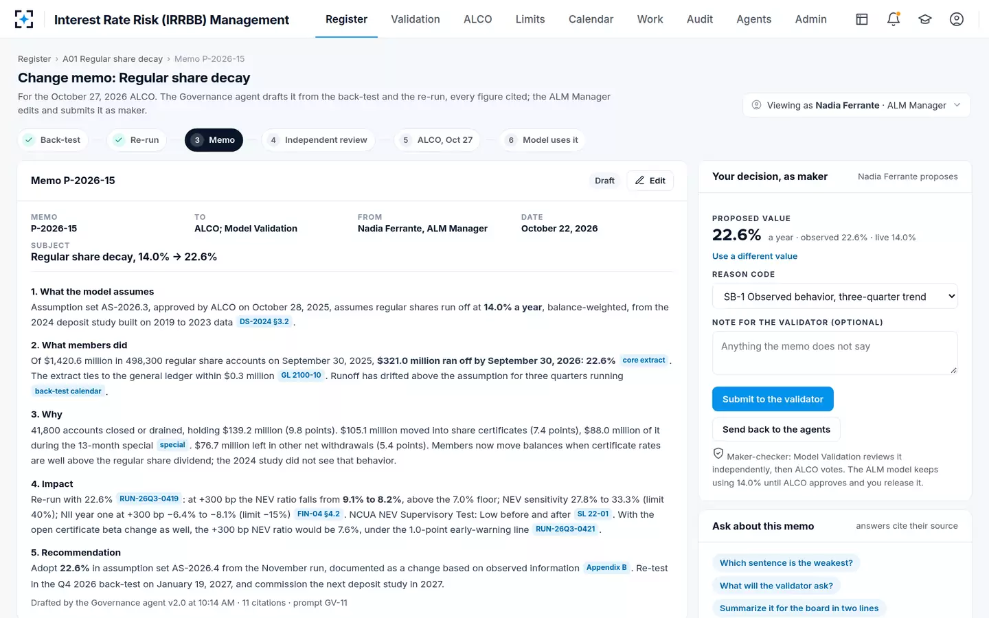 Interest Rate Risk (IRRBB) Management — The assumption change memo, drafted with every figure cited