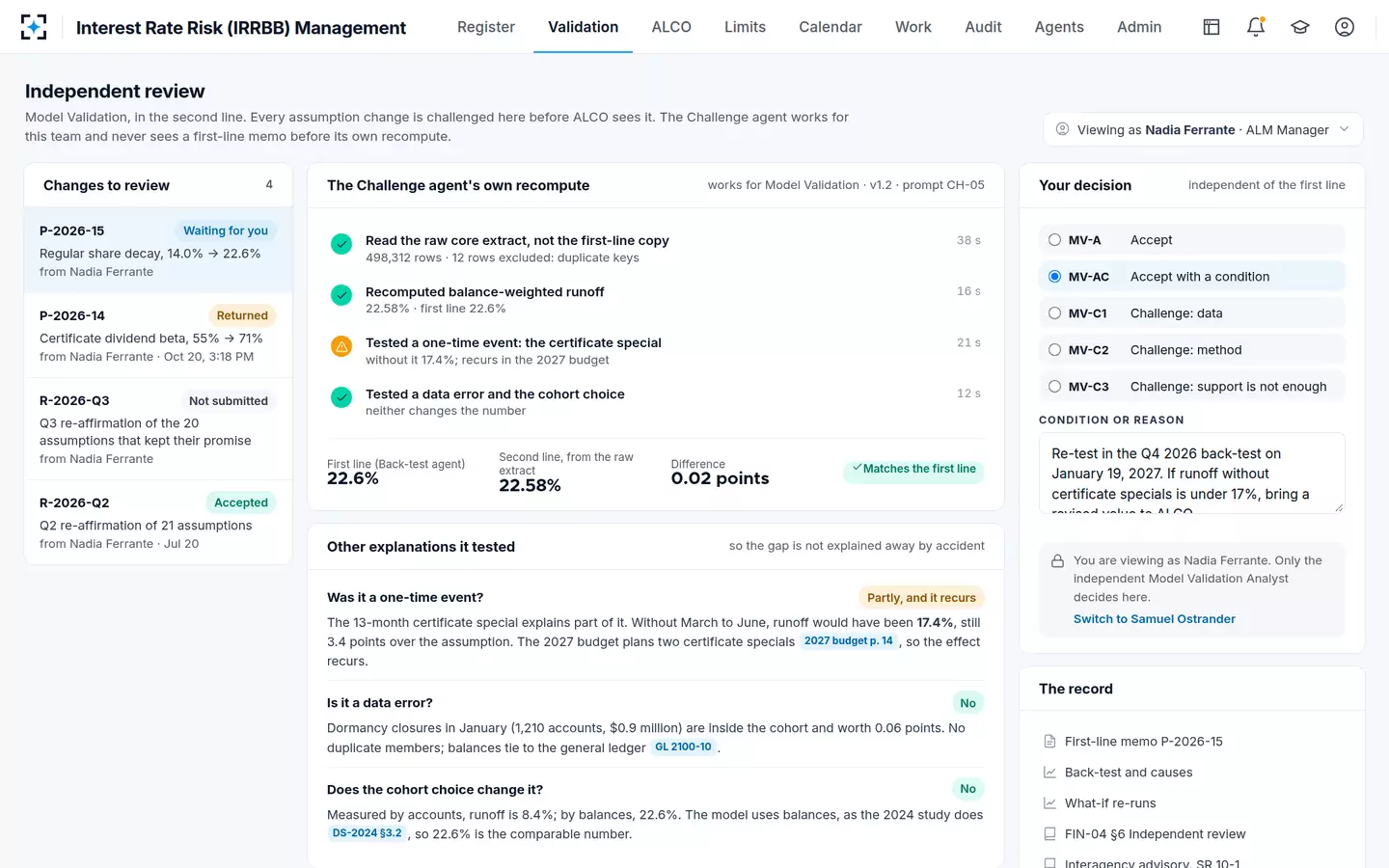 Interest Rate Risk (IRRBB) Management — ALM model validation: the second line's own agent recomputes the number