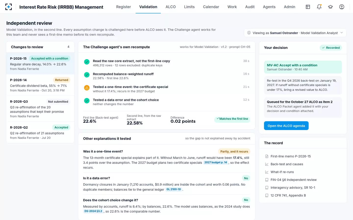 Interest Rate Risk (IRRBB) Management — The validator accepts, with a condition on the record