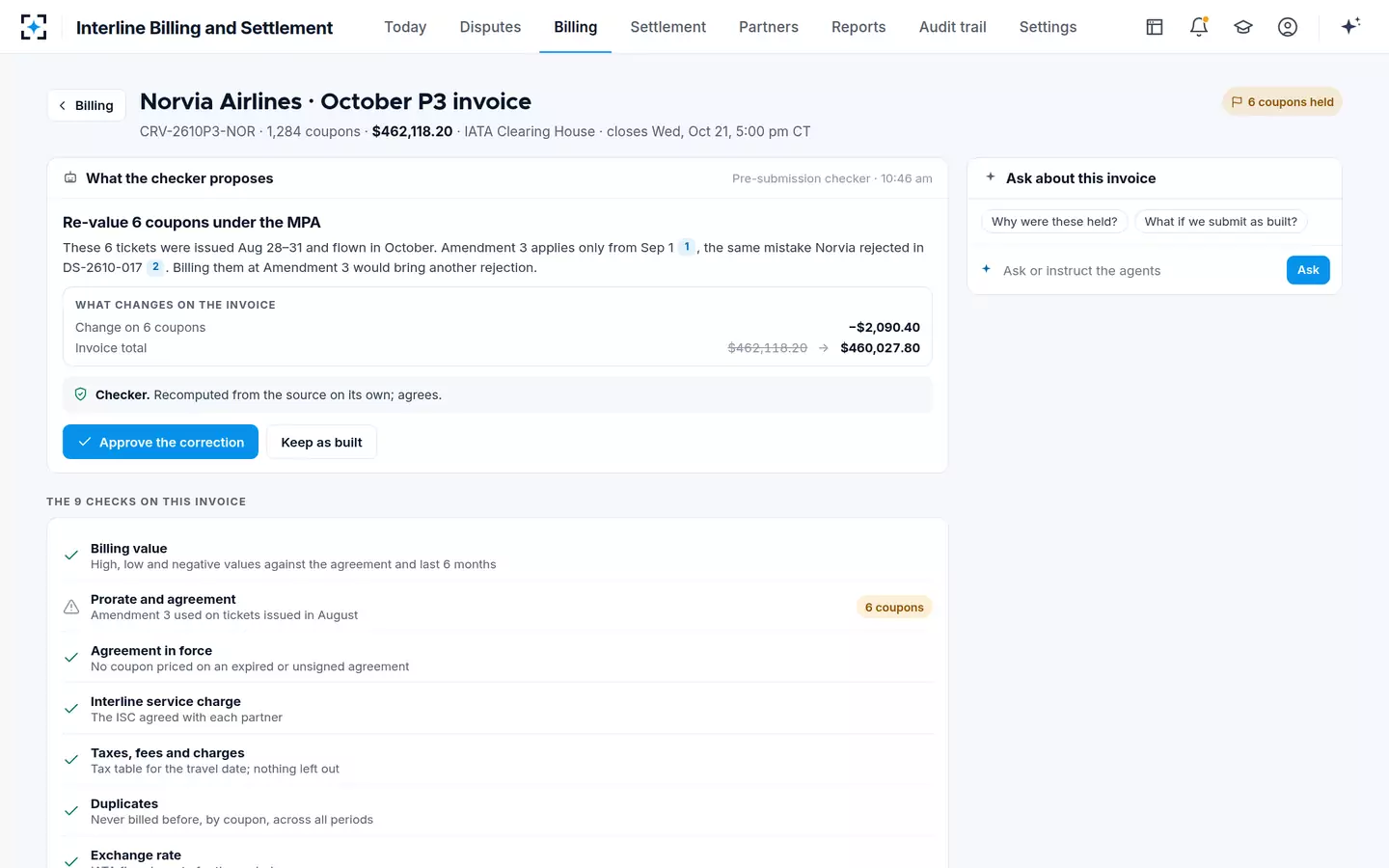 Interline Billing and Settlement — A held invoice