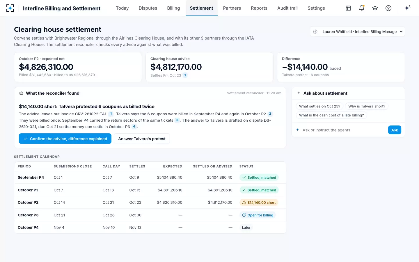 Interline Billing and Settlement — Clearing house settlement