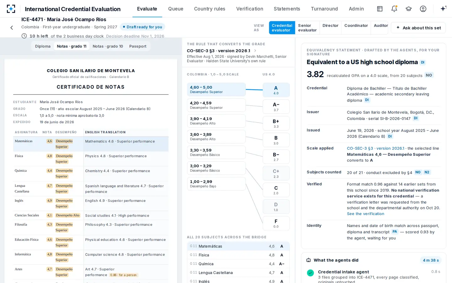 International Credential Evaluation — The document, the grading scale and the statement, side by side
