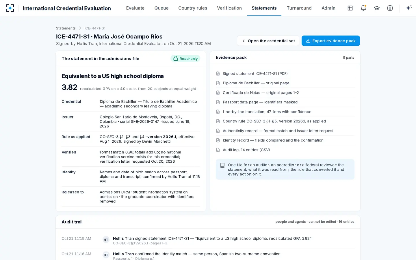 International Credential Evaluation — One statement, one evidence pack, one trail