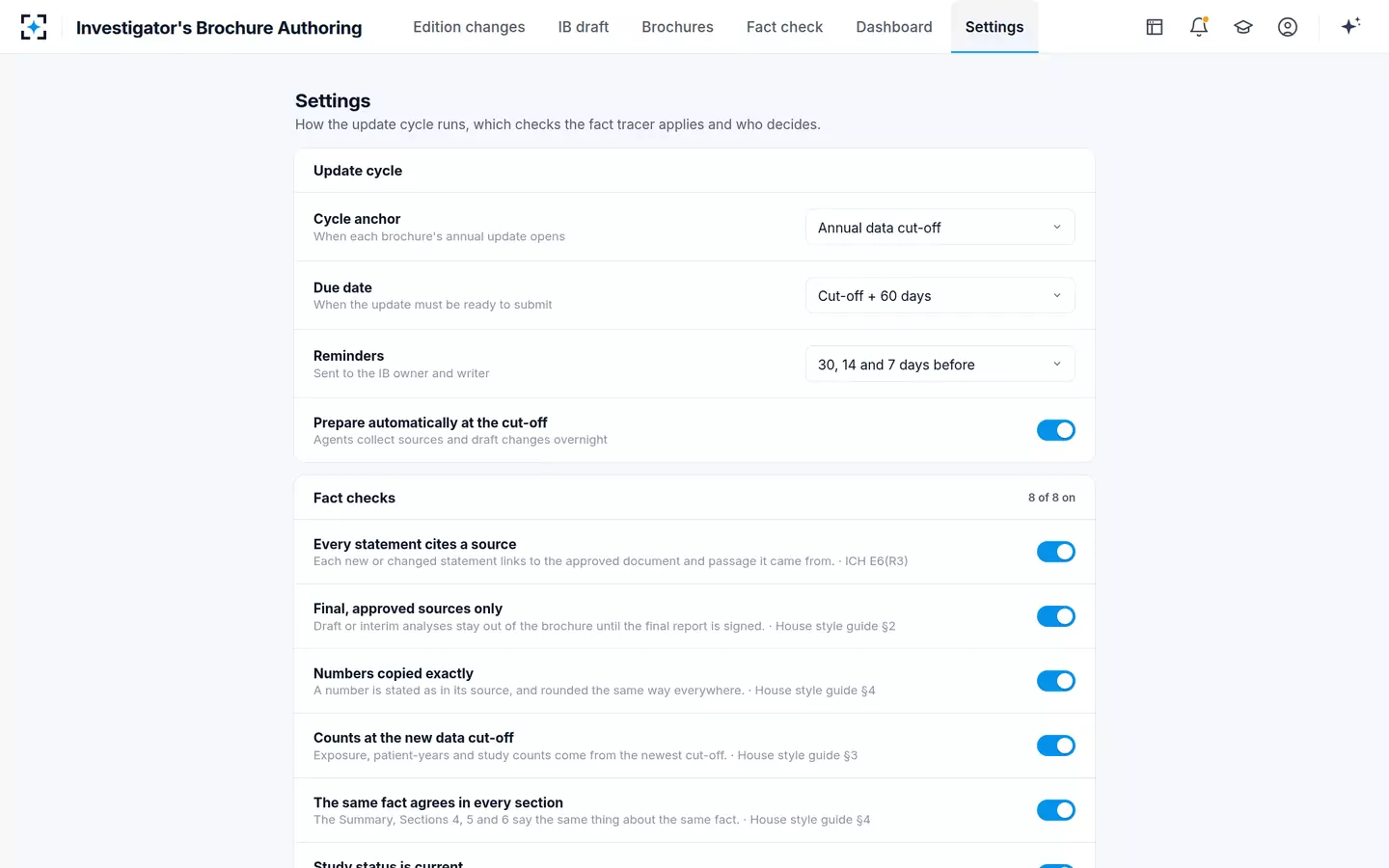 Investigator's Brochure Authoring — Settings