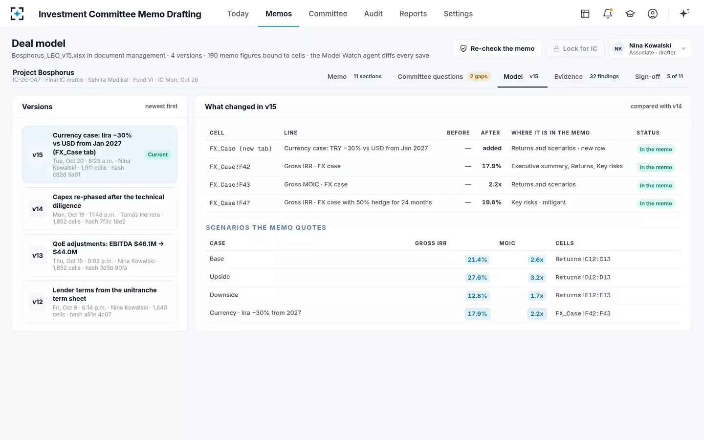 Investment Committee Memo Drafting — Deal model versions