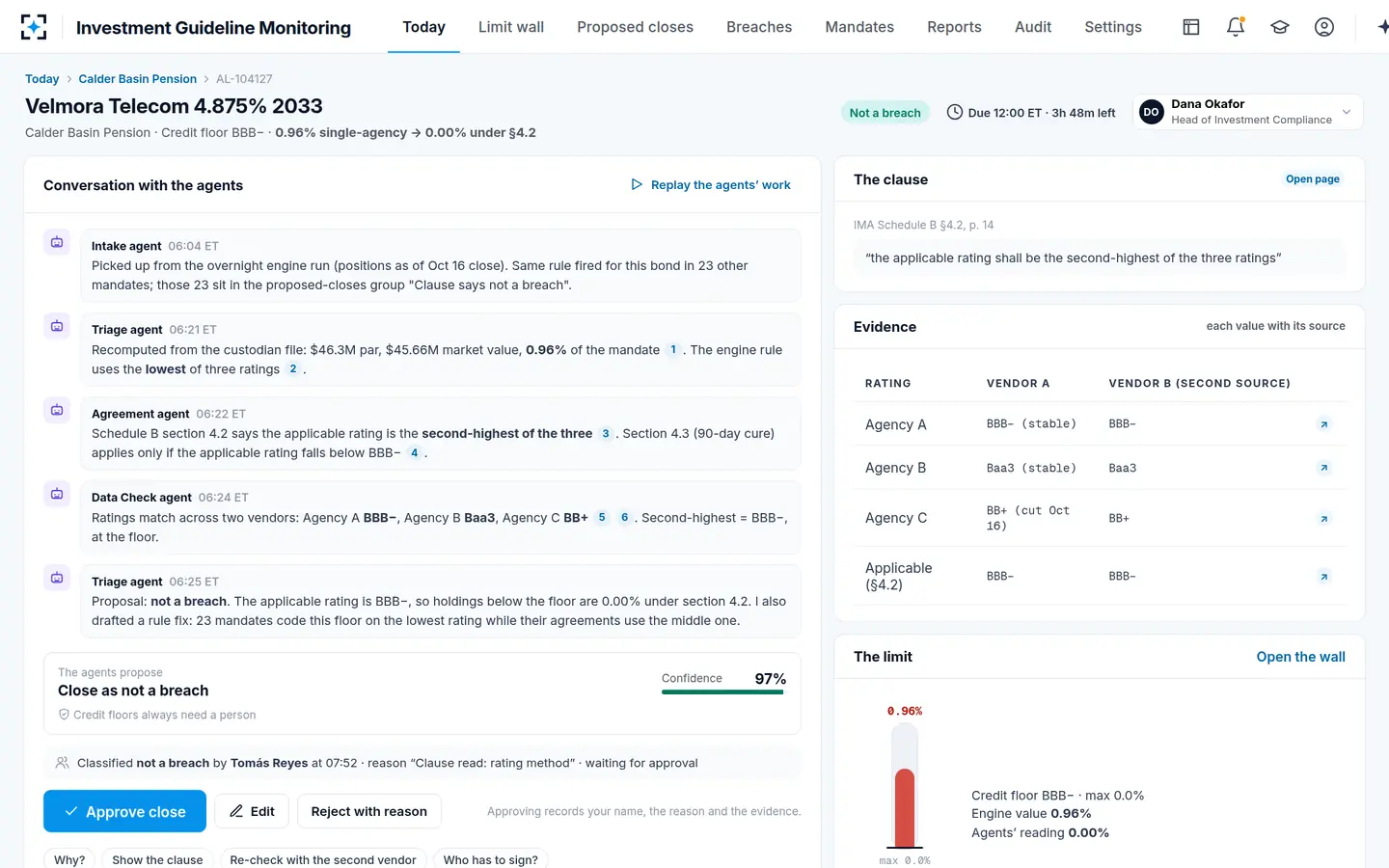 Investment Guideline Monitoring — The alert as a conversation with the agents