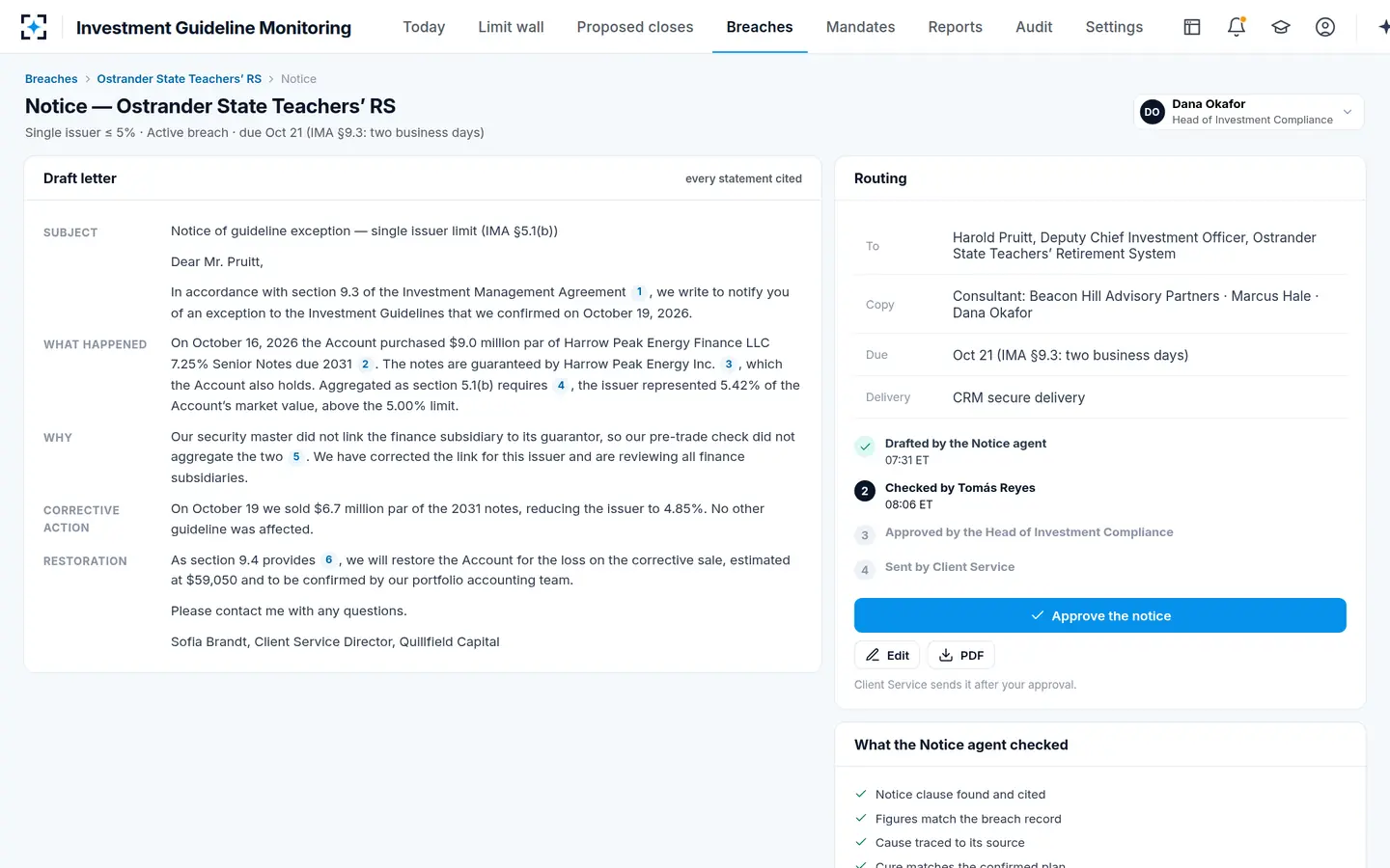 Investment Guideline Monitoring — The client notice