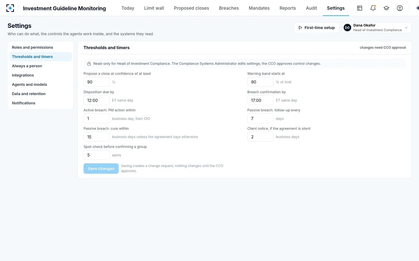 Investment Guideline Monitoring — Thresholds and timers
