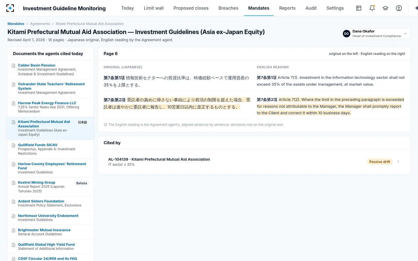 Investment Guideline Monitoring — The agreement in its own language