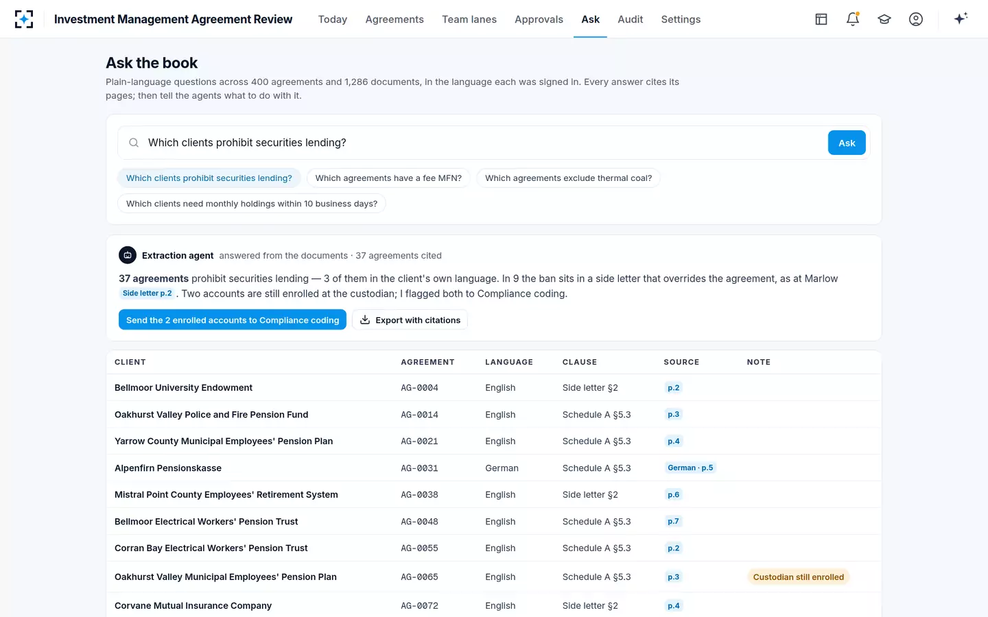 Investment Management Agreement Review — Ask across all agreements