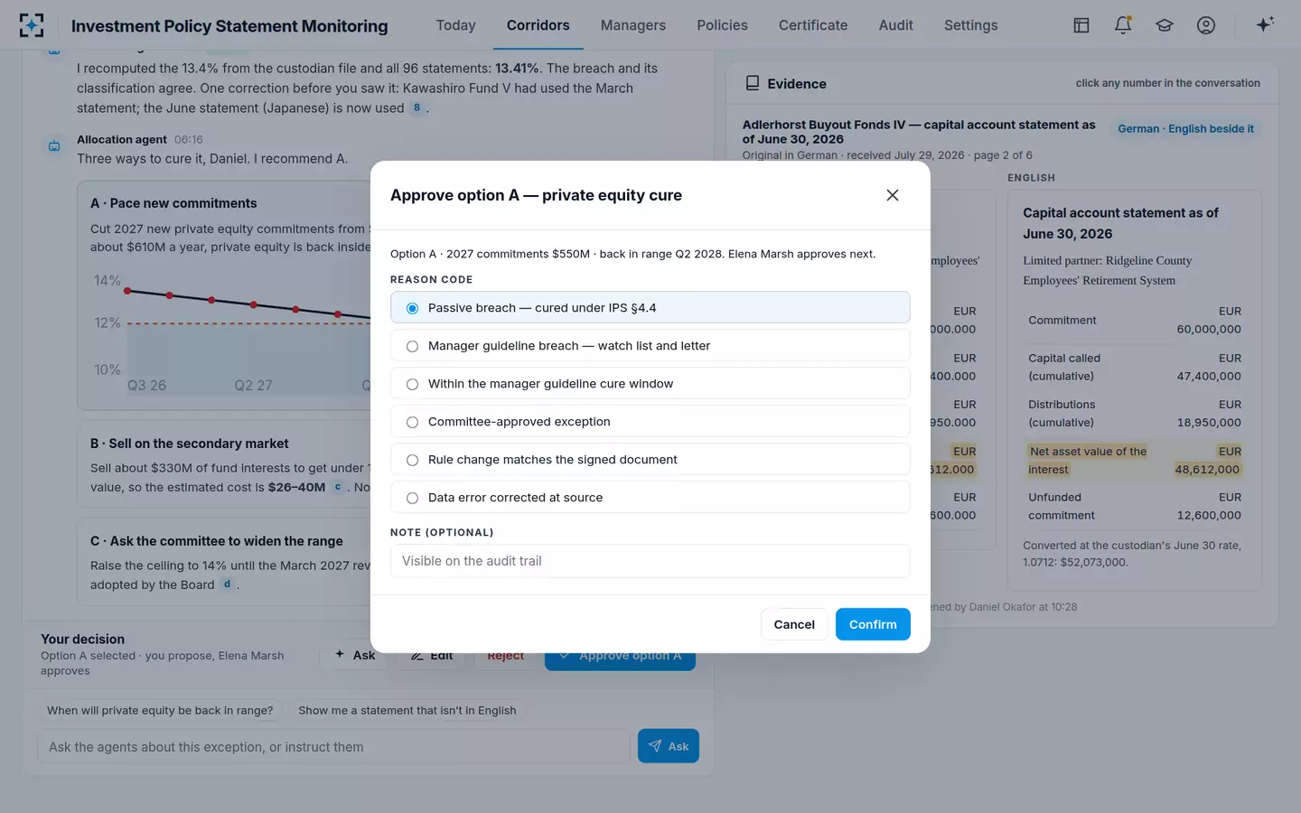 Investment Policy Statement Monitoring — Approve with a reason code