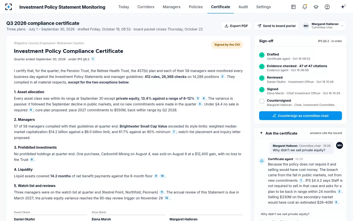 Investment Policy Statement Monitoring — Ask the certificate