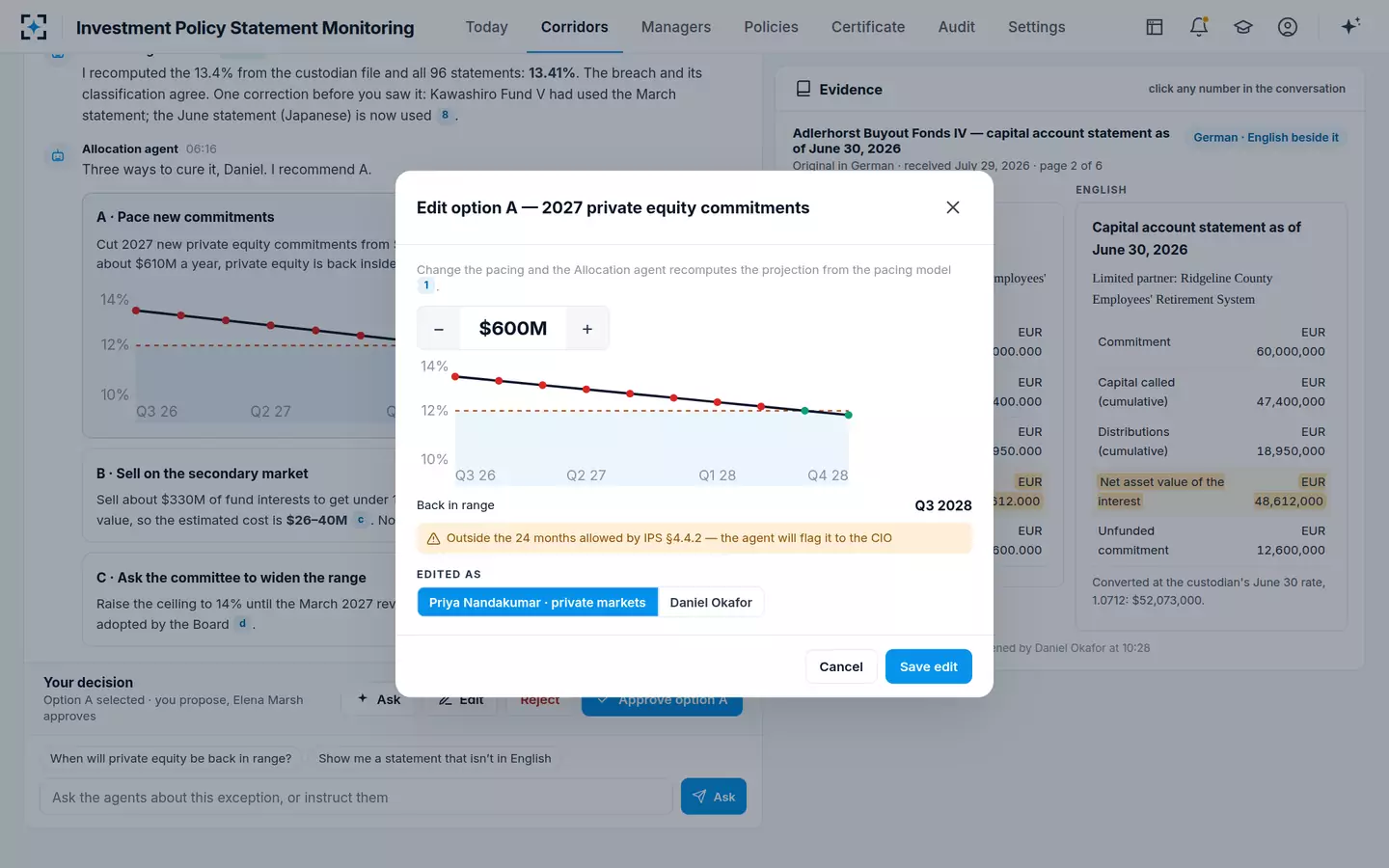 Investment Policy Statement Monitoring — Editing the pacing plan