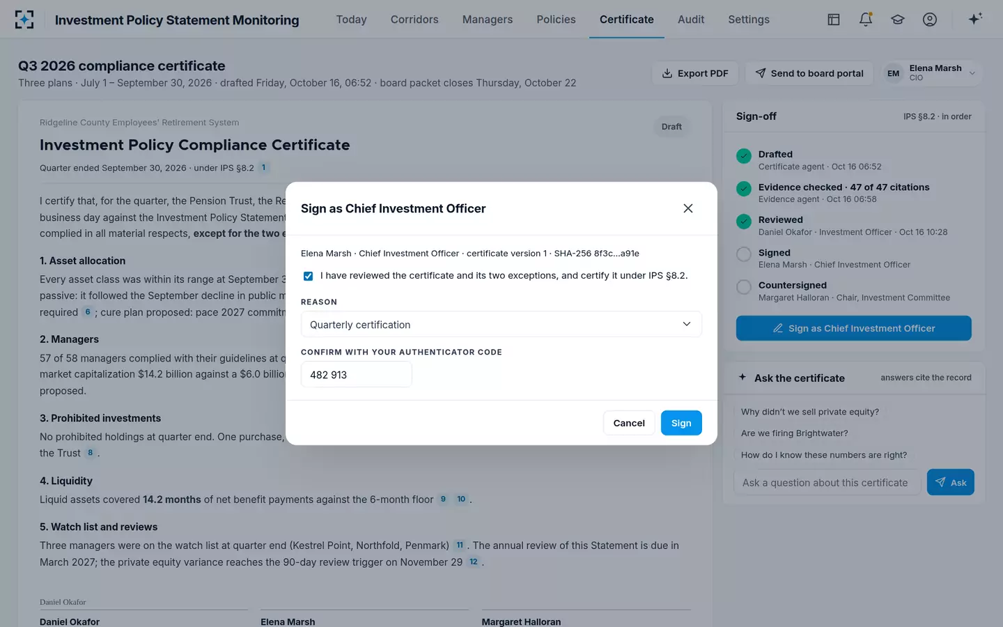 Investment Policy Statement Monitoring — The CIO signs