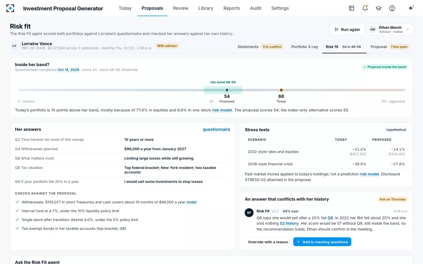Investment Proposal Generator — Risk fit against the questionnaire