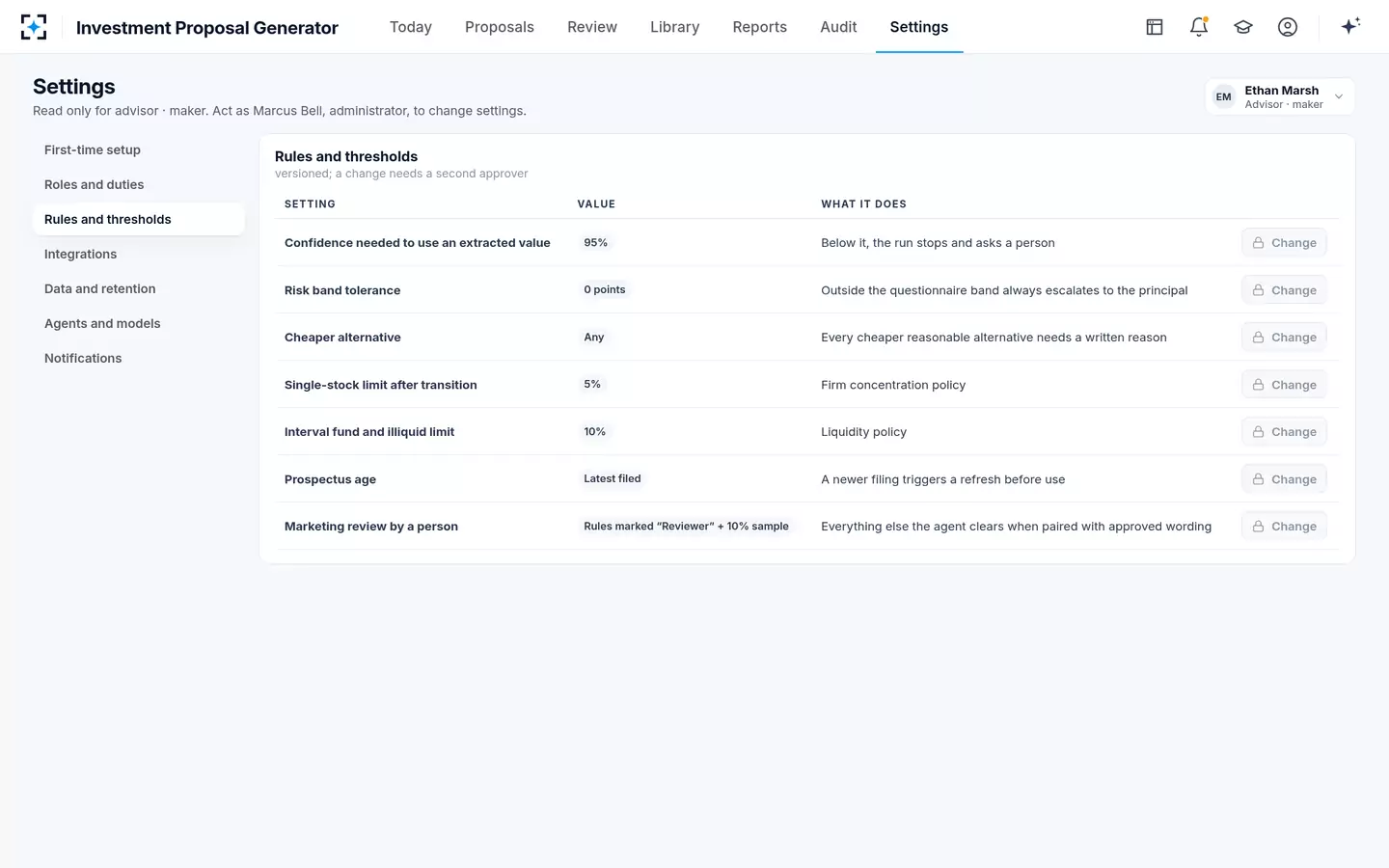 Investment Proposal Generator — Rules and thresholds