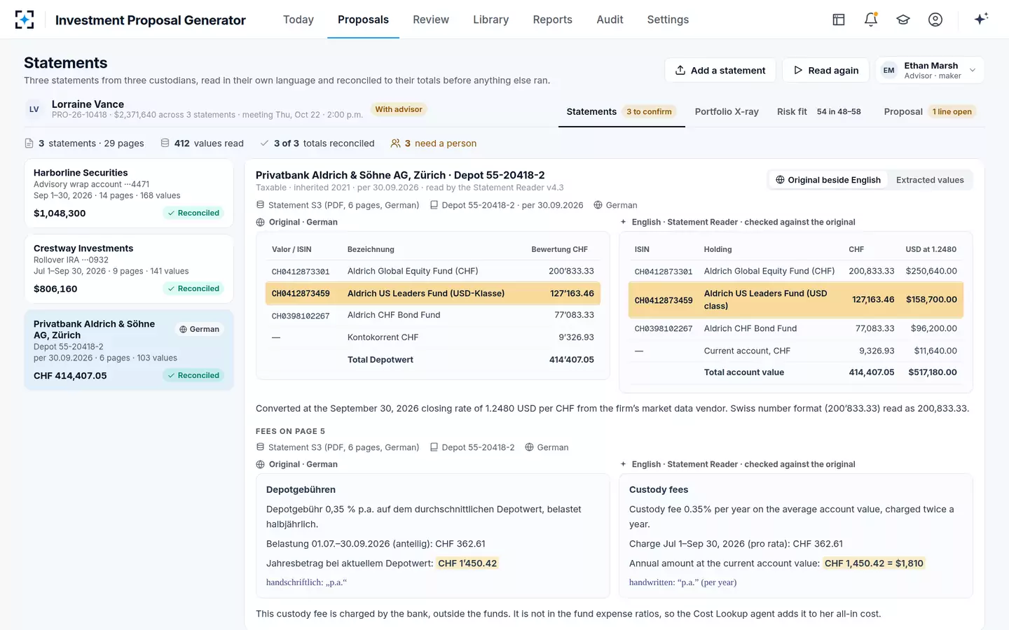 Investment Proposal Generator — Held-away statements, read in their own language