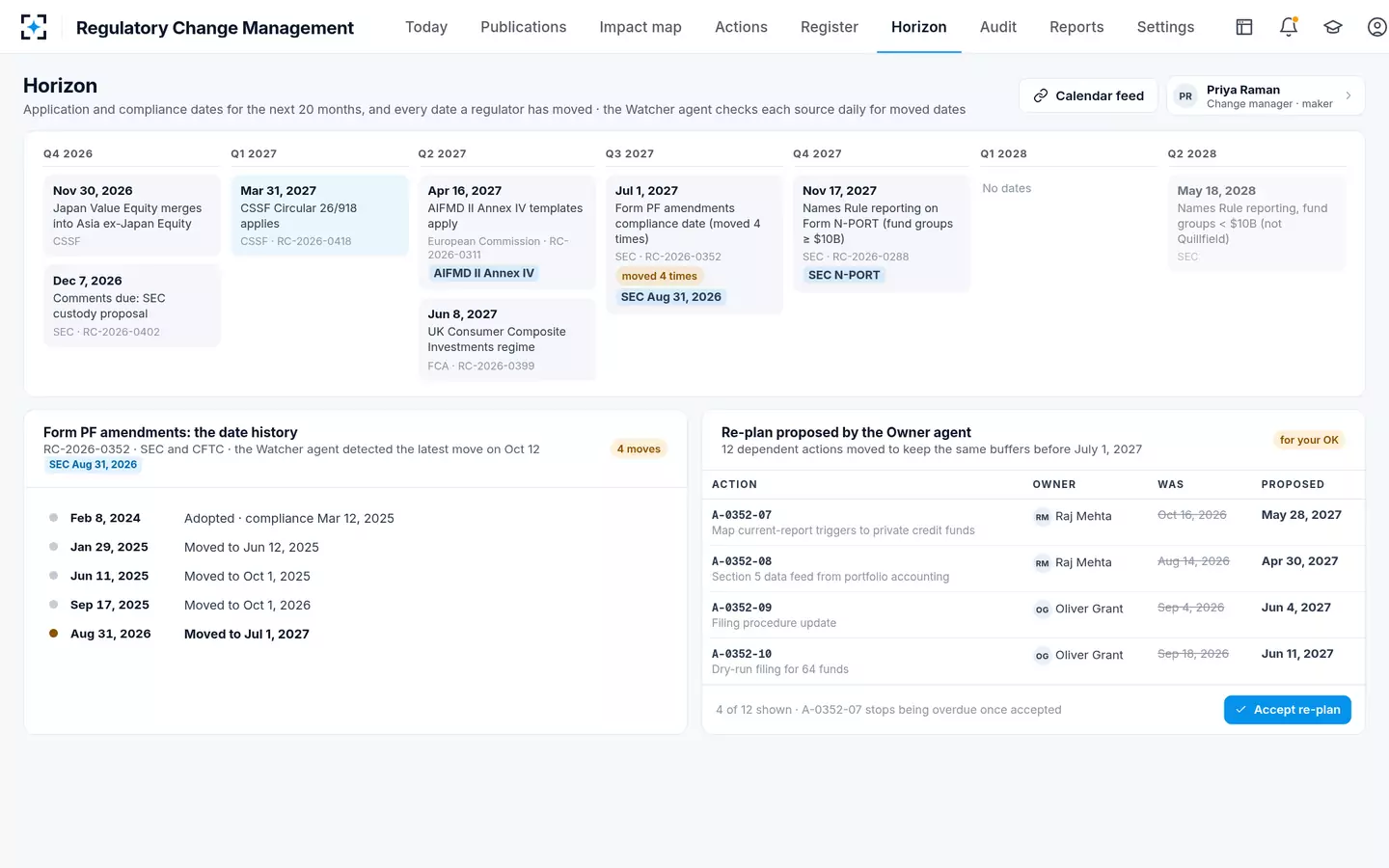 Regulatory Change Management — Horizon and moved dates