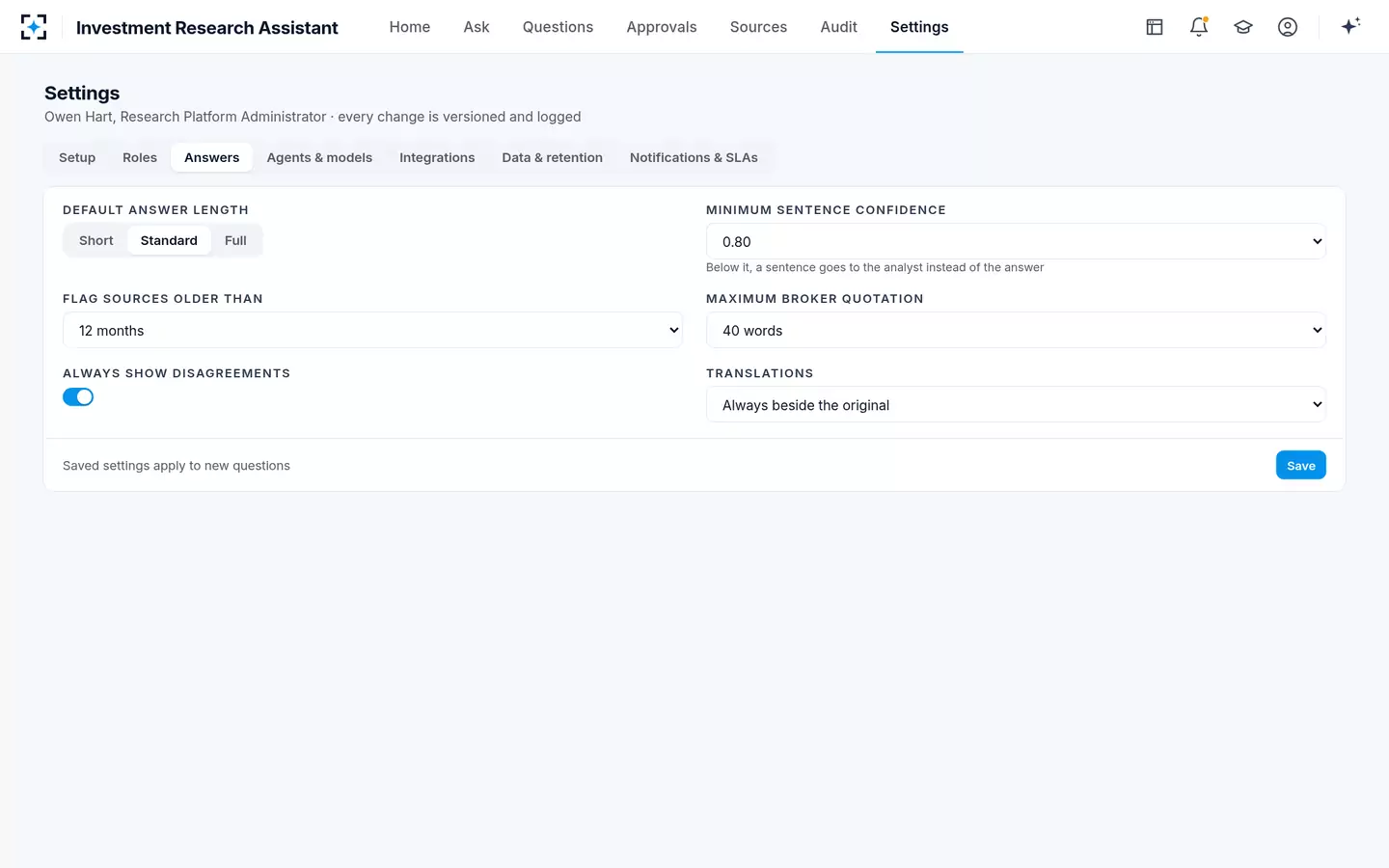 Investment Research Assistant — Answer settings