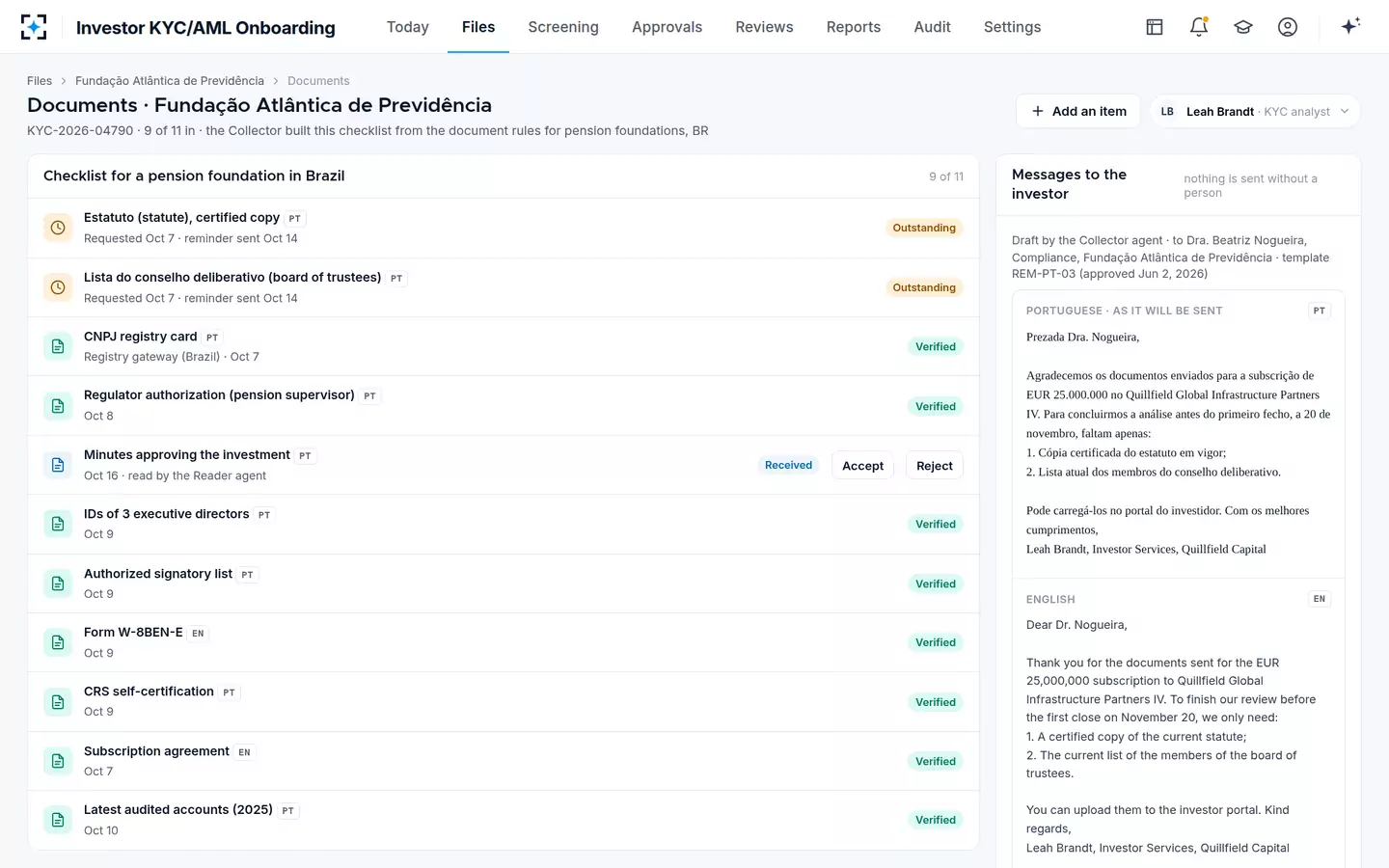 Investor KYC/AML Onboarding — Documents and reminders