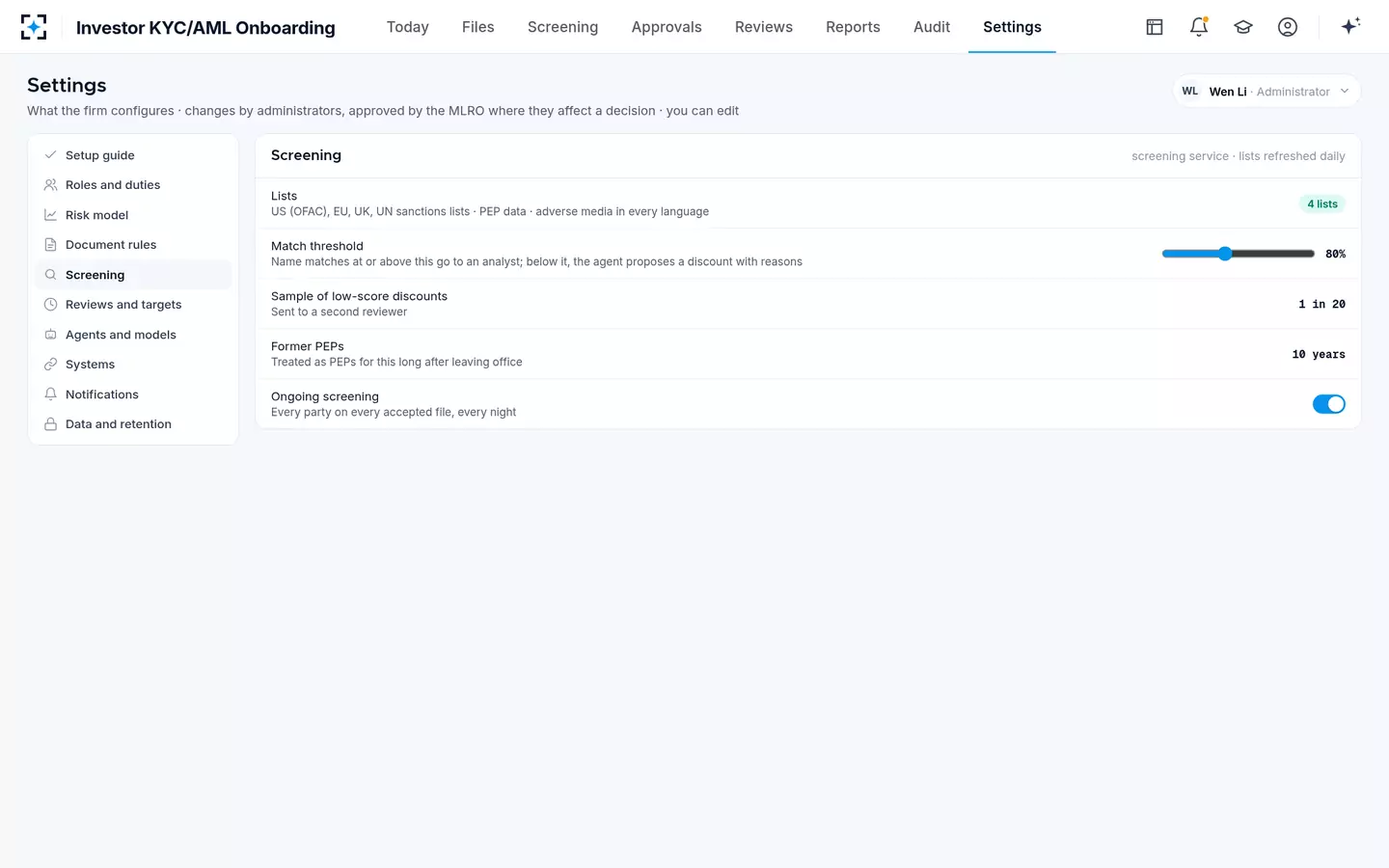 Investor KYC/AML Onboarding — Screening settings