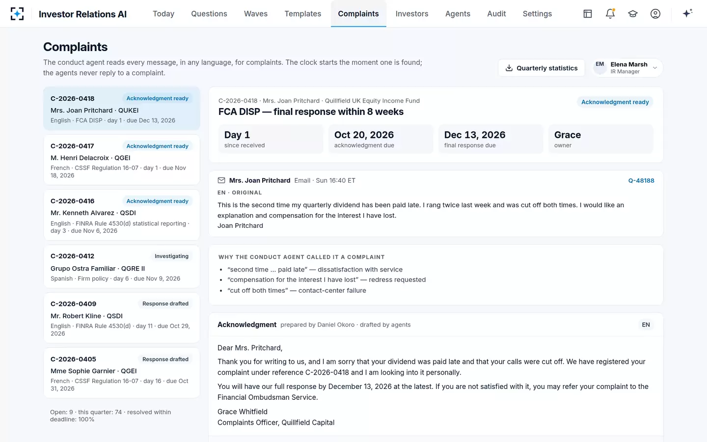 Investor Relations AI — Complaints with their clocks