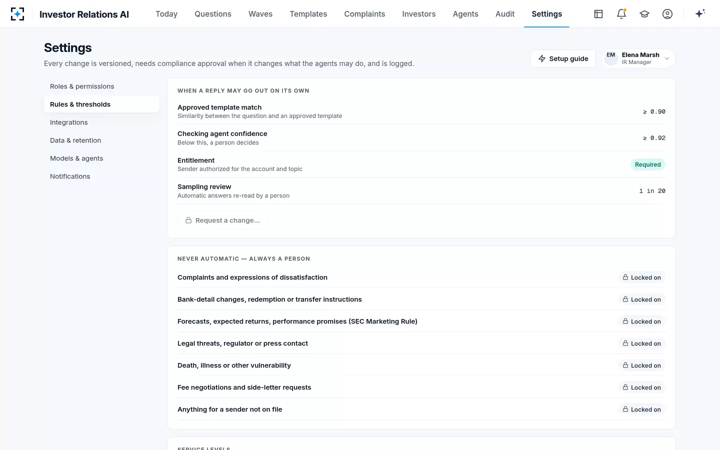 Investor Relations AI — Rules and thresholds