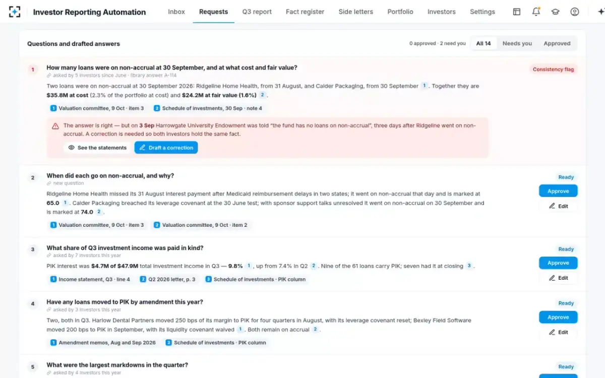 Investor Reporting Automation — Questions and drafted answers
