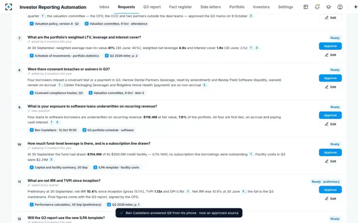 Investor Reporting Automation — Owner questions