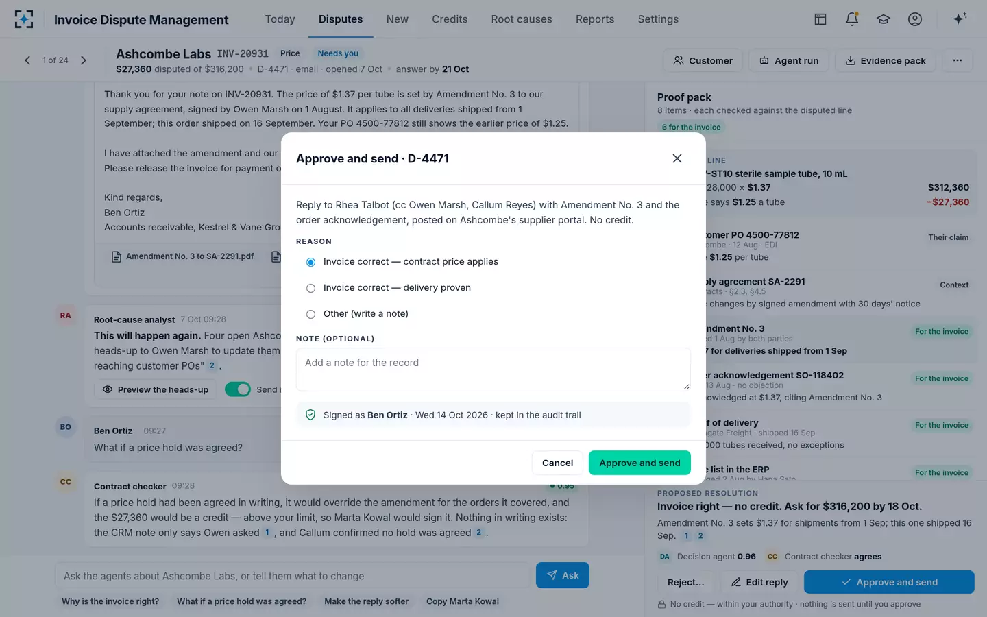 Invoice Dispute Management — Approve and send
