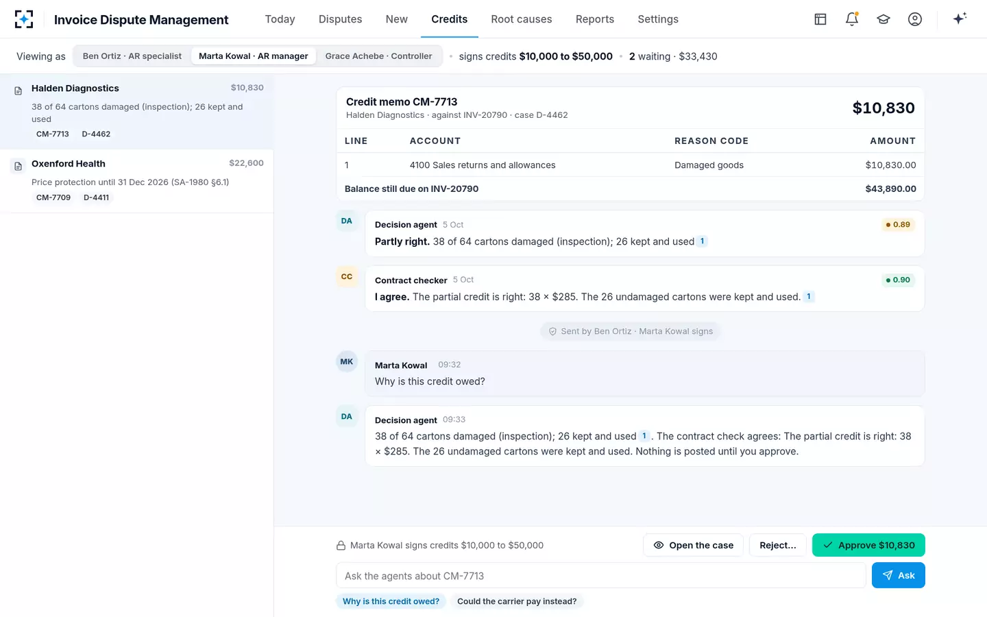 Invoice Dispute Management — Credits by approver