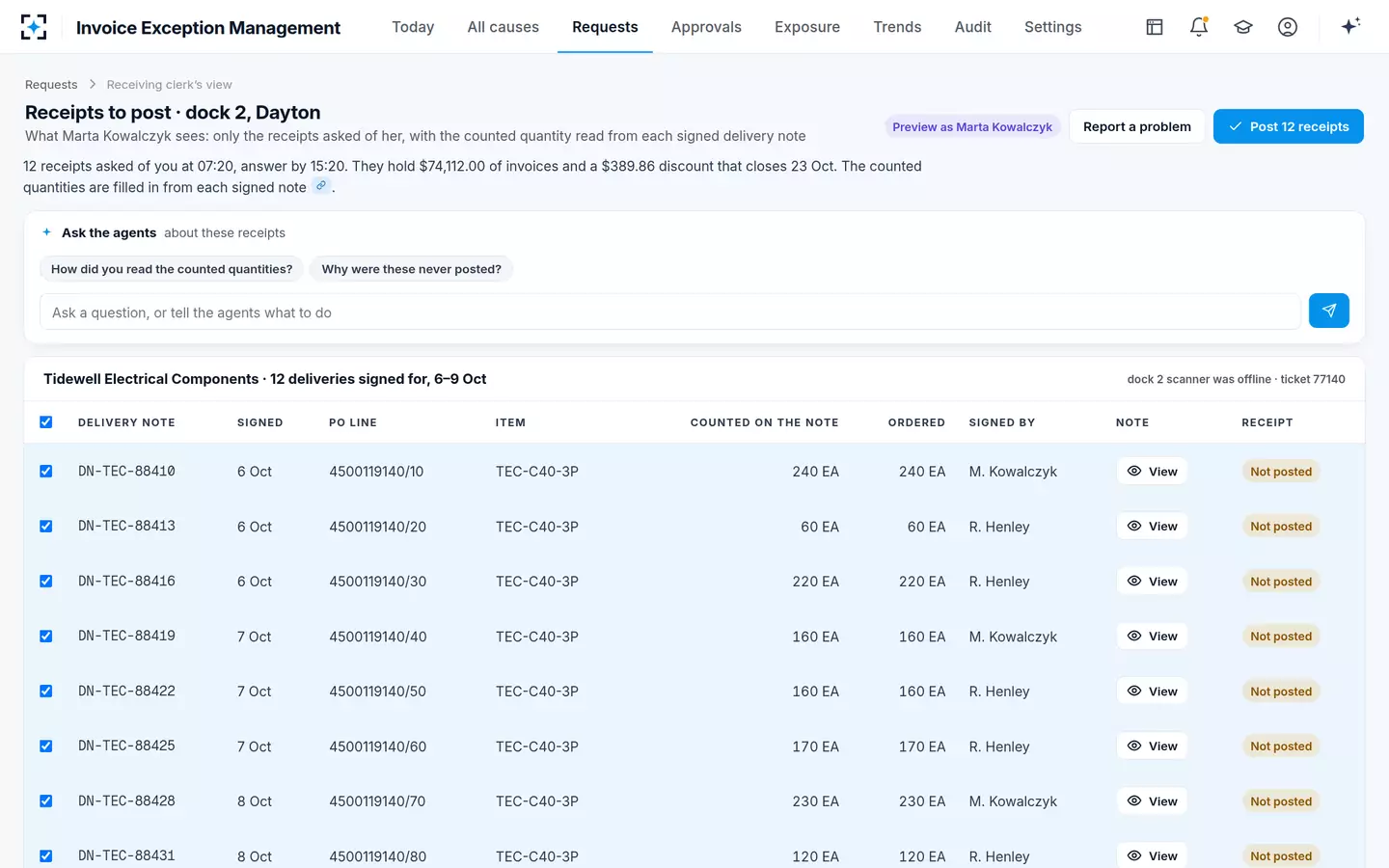 Invoice Exception Management — The receiving clerk's view