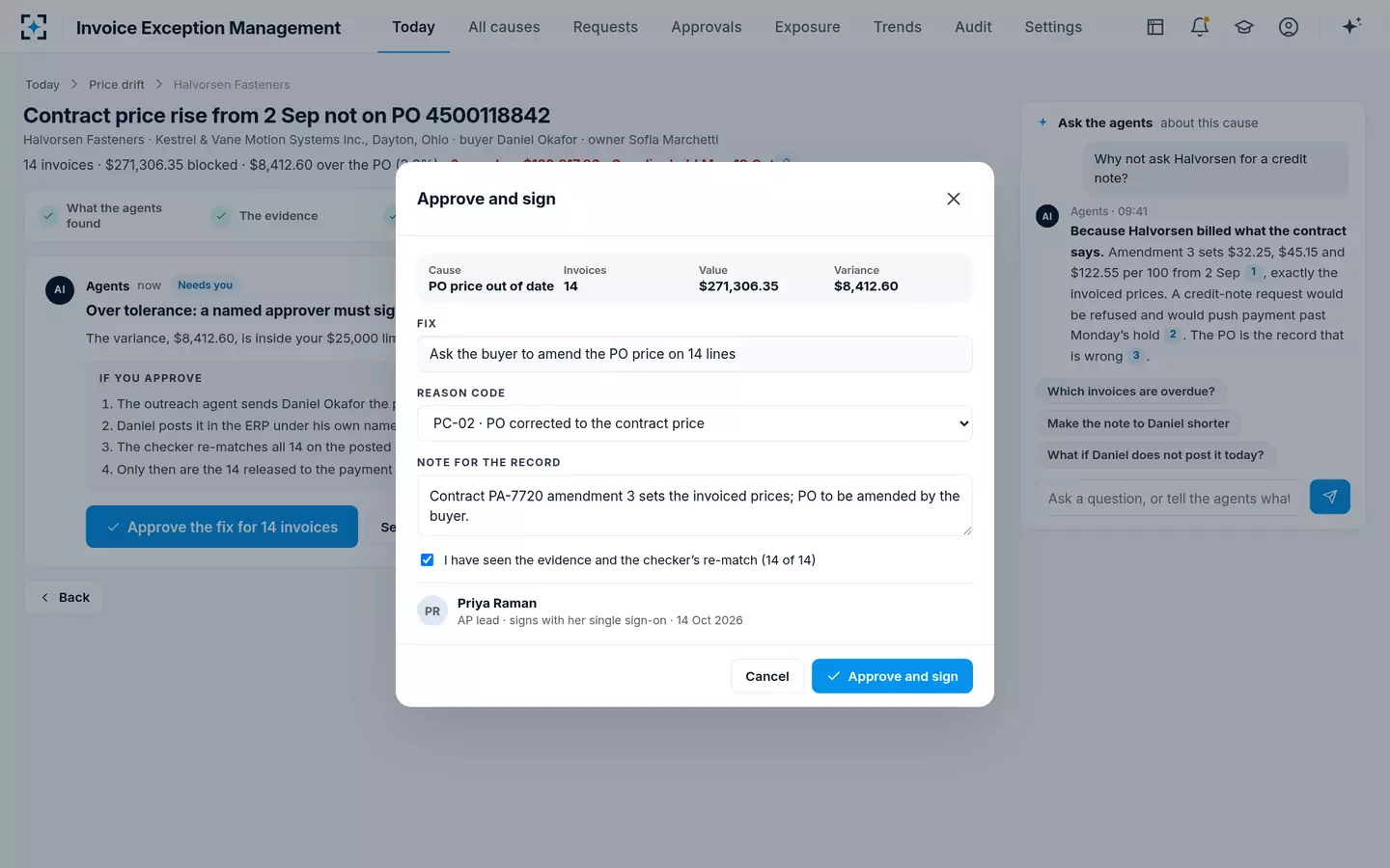 Invoice Exception Management — Approve and sign