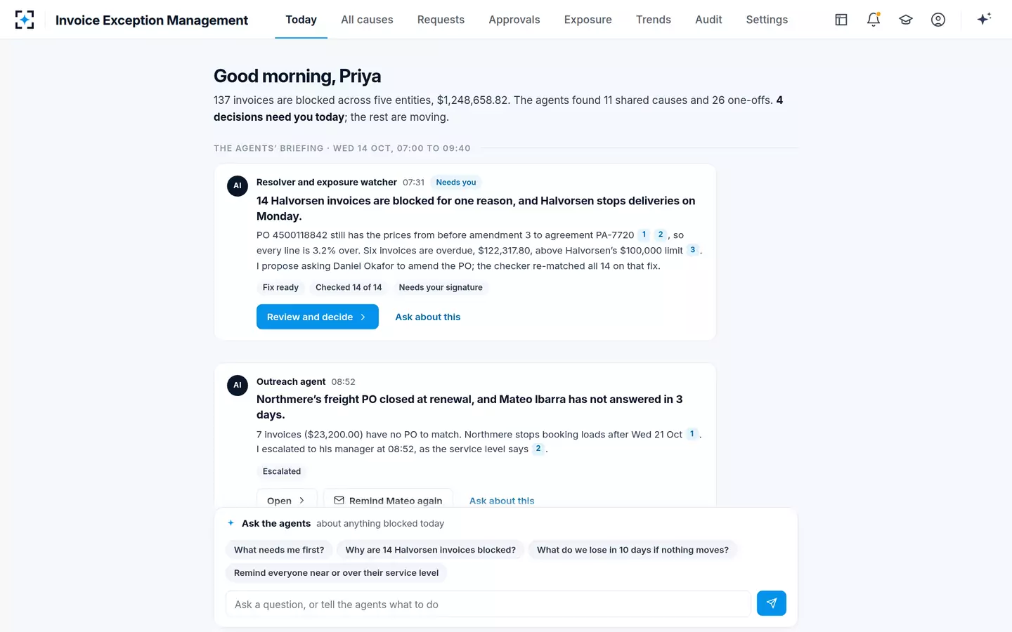 Invoice Exception Management — Today: the agents' briefing