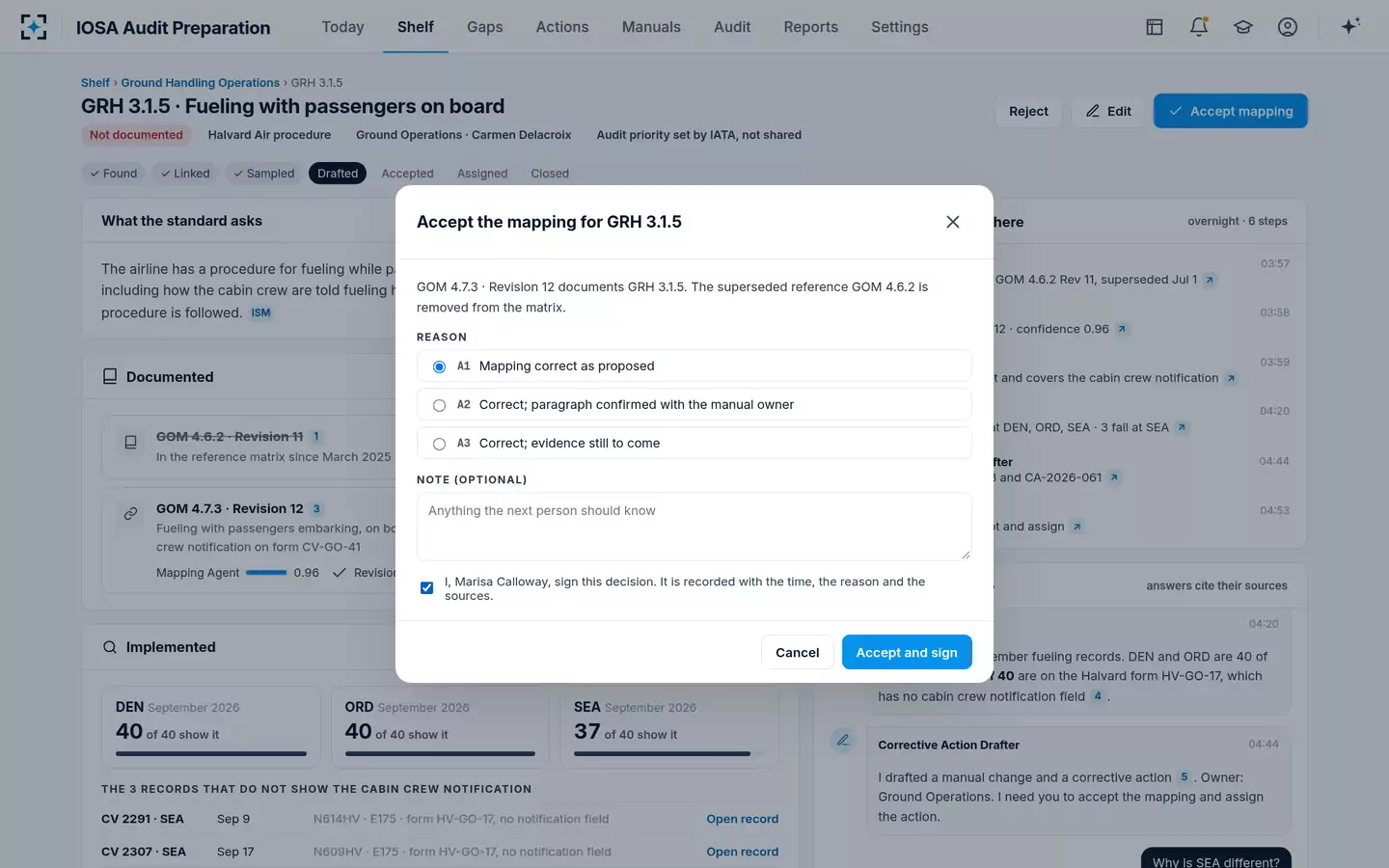 IOSA Audit Preparation — Accept with a reason and signature