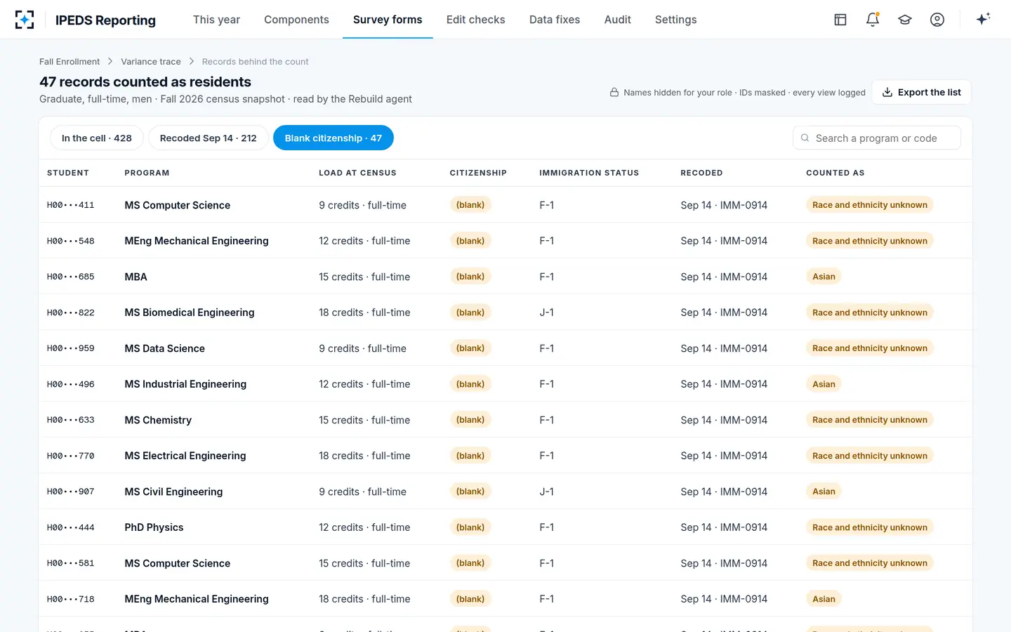 IPEDS Reporting — The records behind a count, masked and logged