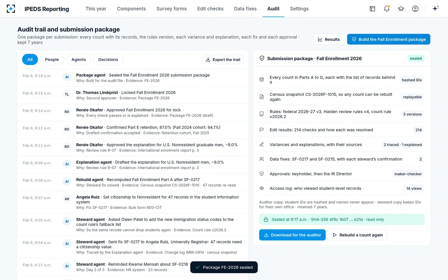 IPEDS Reporting — One sealed IPEDS submission package per component