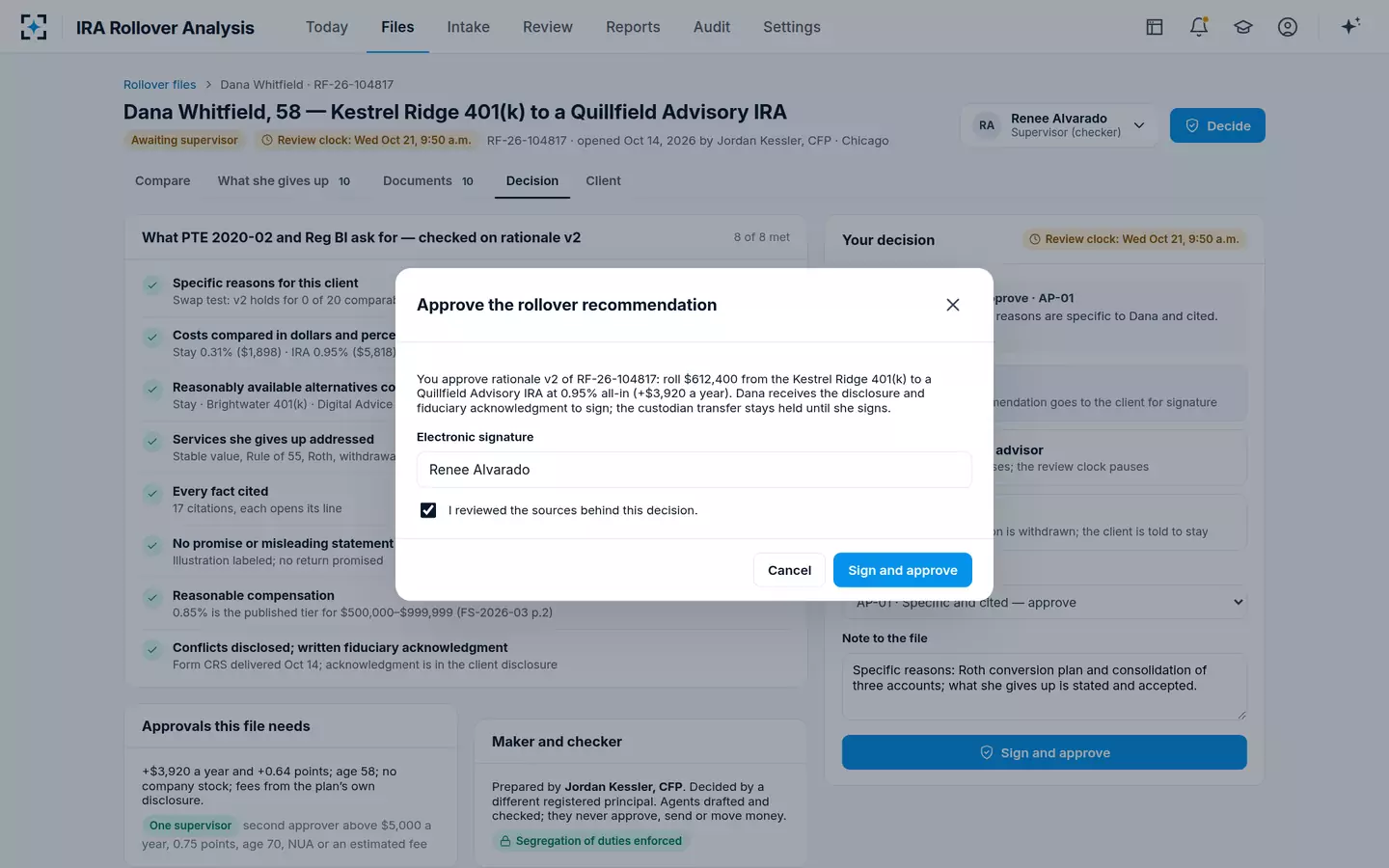IRA Rollover Analysis — Approve and sign