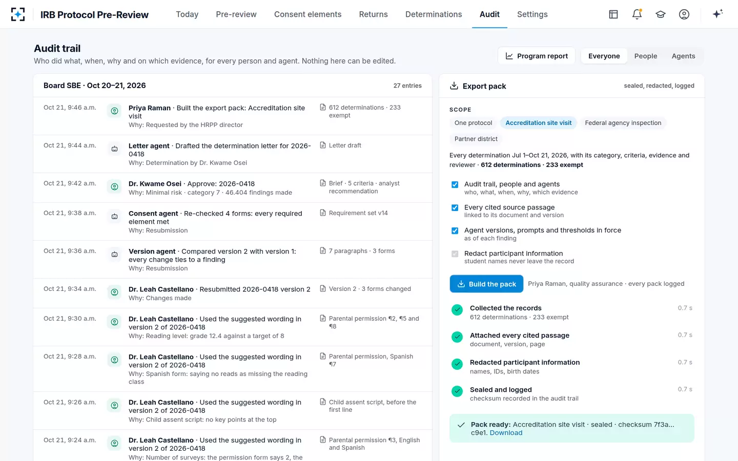 IRB Protocol Pre-Review — Every action logged, and a sealed export for the site visit