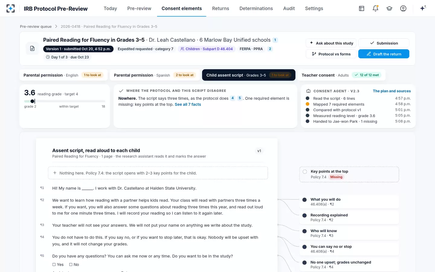 IRB Protocol Pre-Review — The child assent form, with one element open