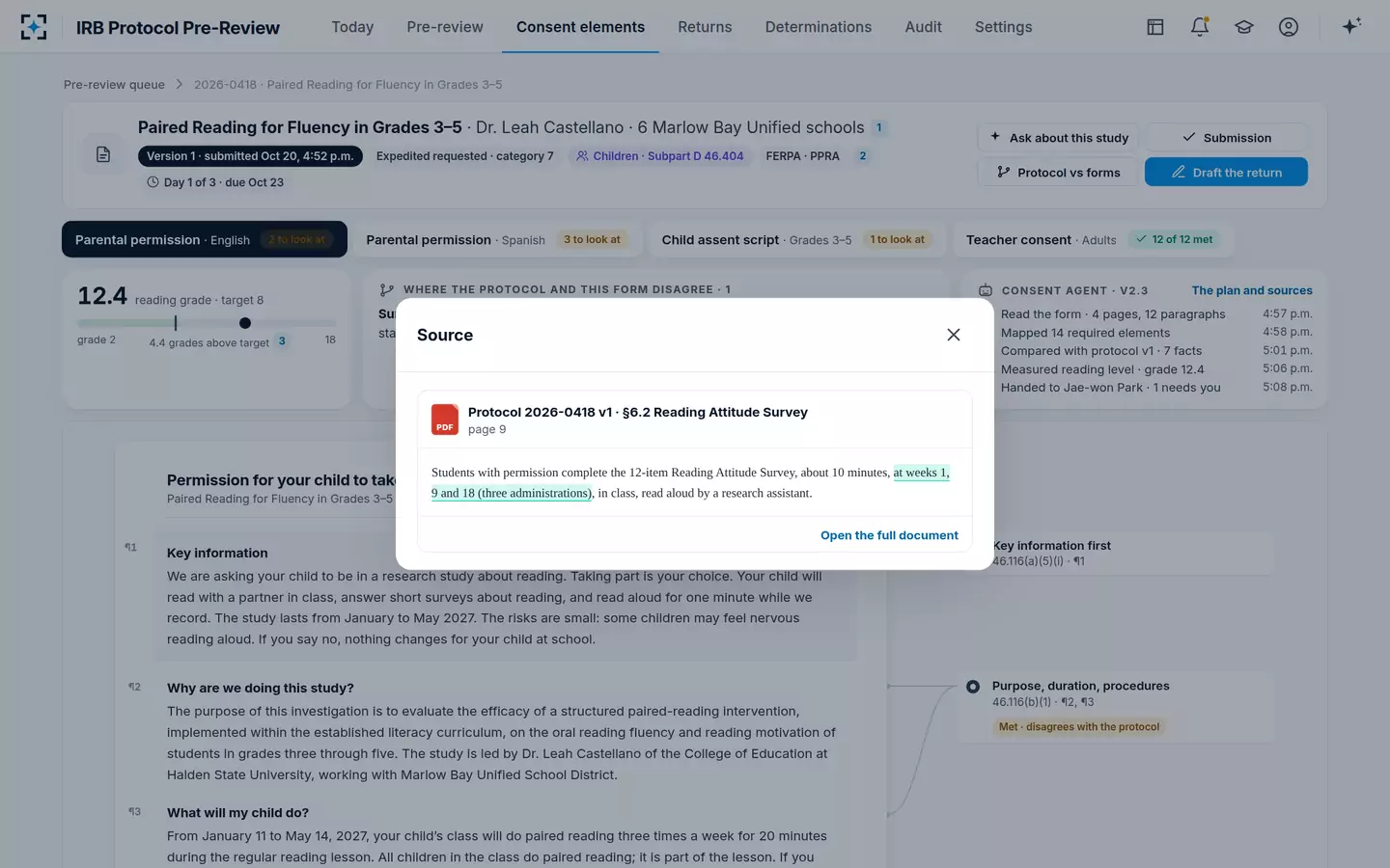 IRB Protocol Pre-Review — Every finding opens its source passage