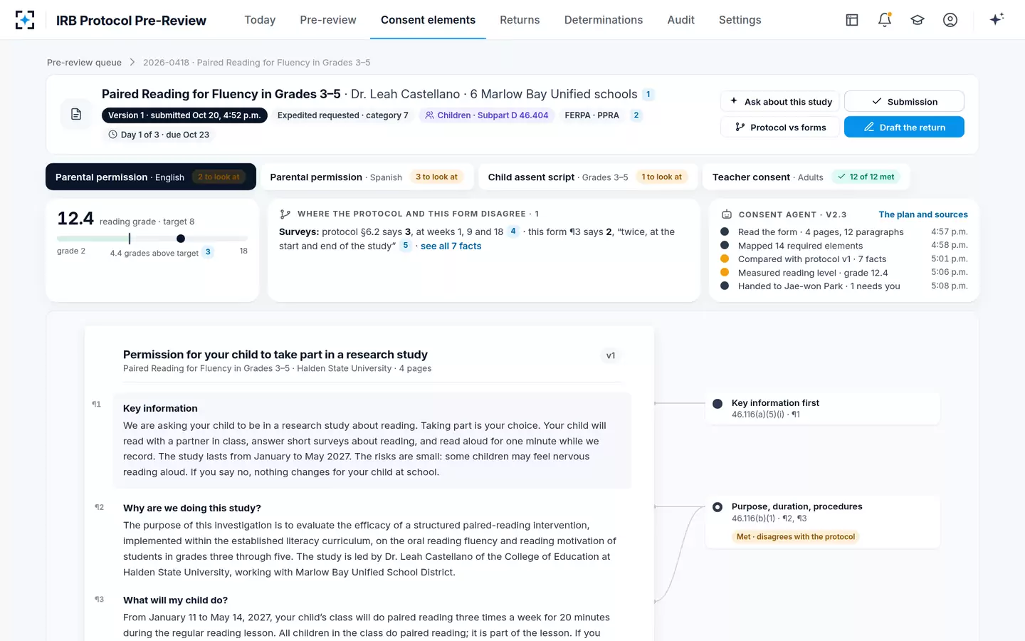 IRB Protocol Pre-Review — The consent form, with every required element tied to its paragraph