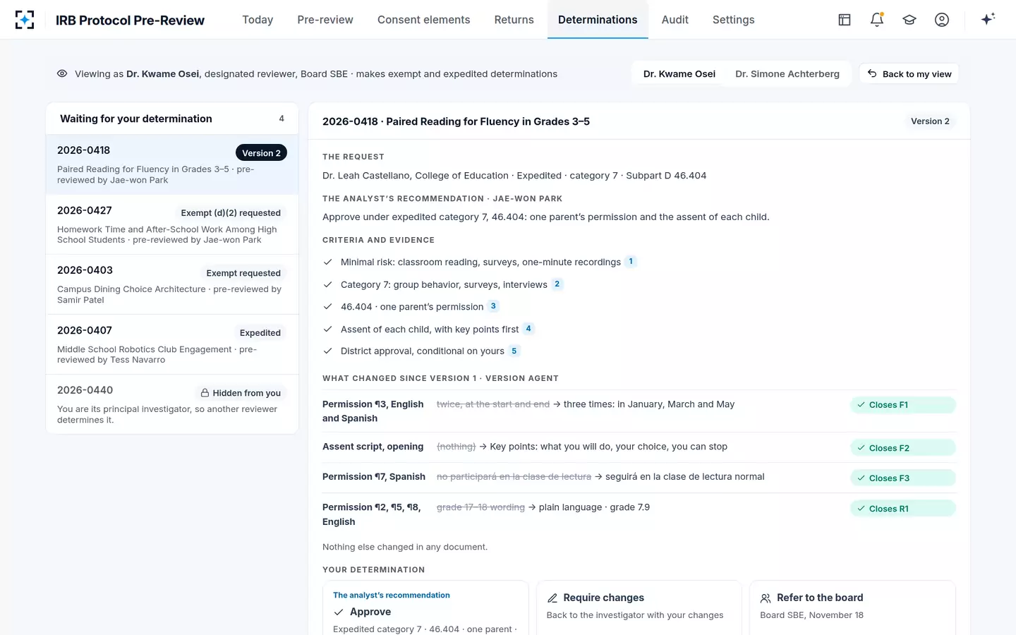 IRB Protocol Pre-Review — The reviewer's brief: criteria, evidence and only what changed
