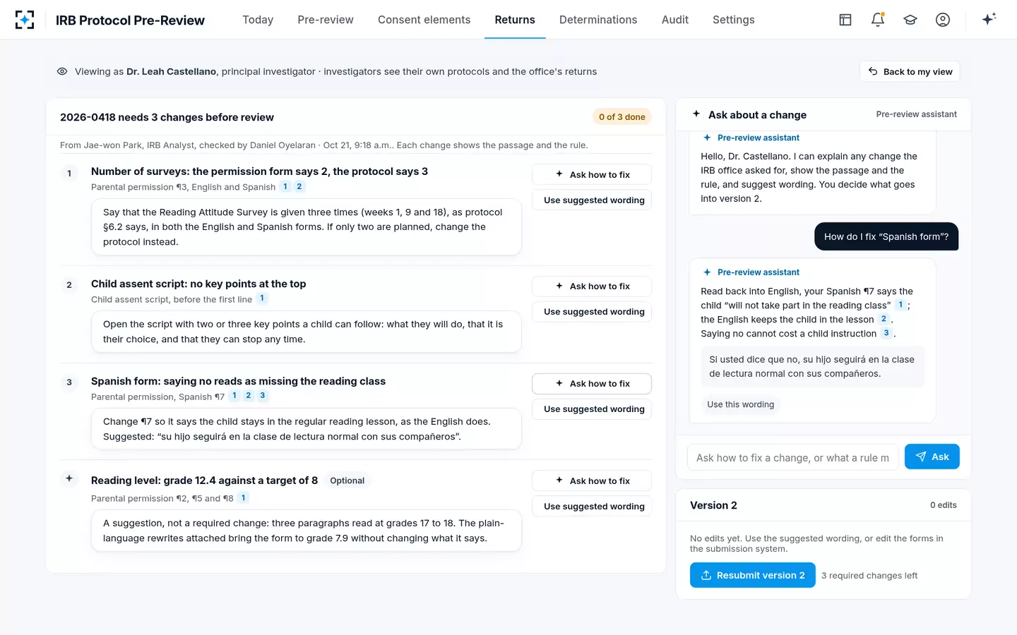 IRB Protocol Pre-Review — The investigator fixes each change with the assistant