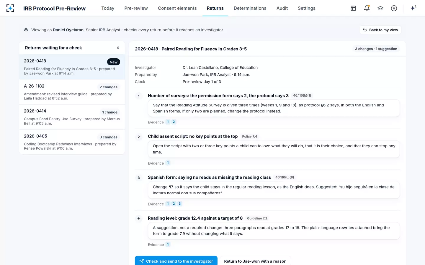 IRB Protocol Pre-Review — A second analyst checks every return