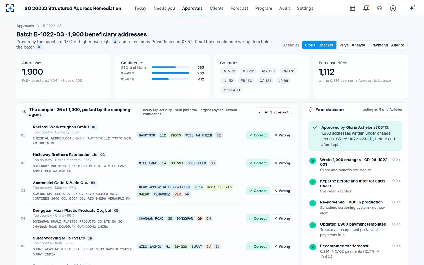 ISO 20022 Structured Address Remediation — Approved in one batch, every before and after kept