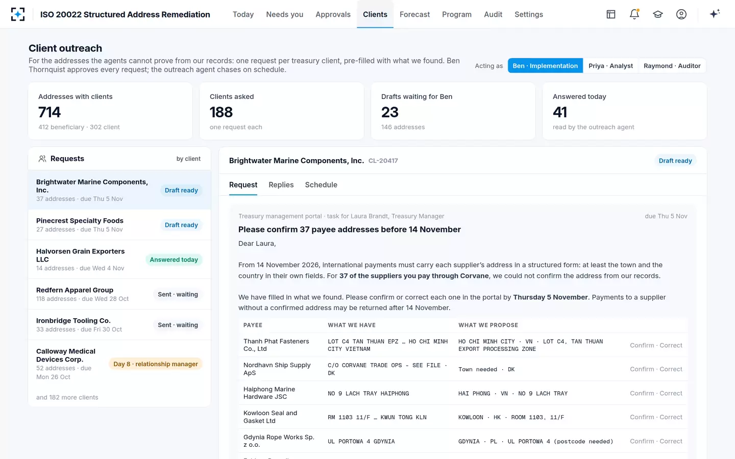 ISO 20022 Structured Address Remediation — Pre-filled requests to treasury clients