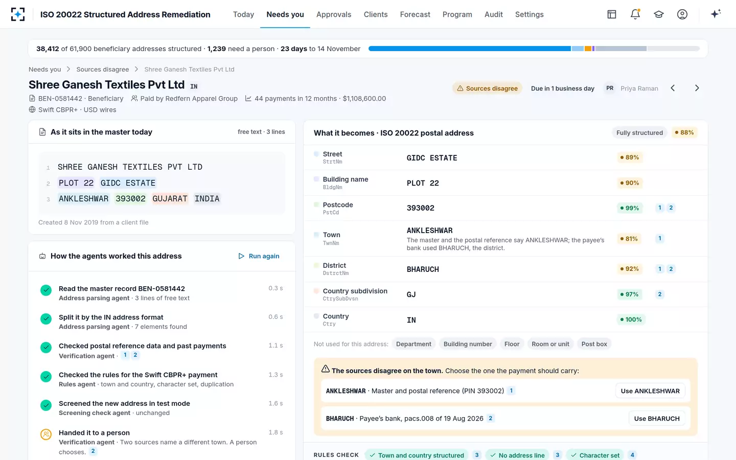 ISO 20022 Structured Address Remediation — When the sources disagree, a person chooses